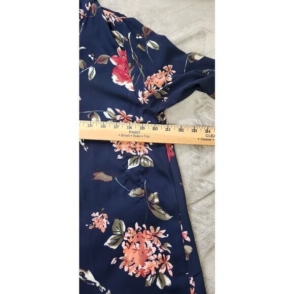 Lara Dress Size Large Bow Tie Neck Sheath Navy Floral Roll Tab Sleeve - Picture 5 of 10